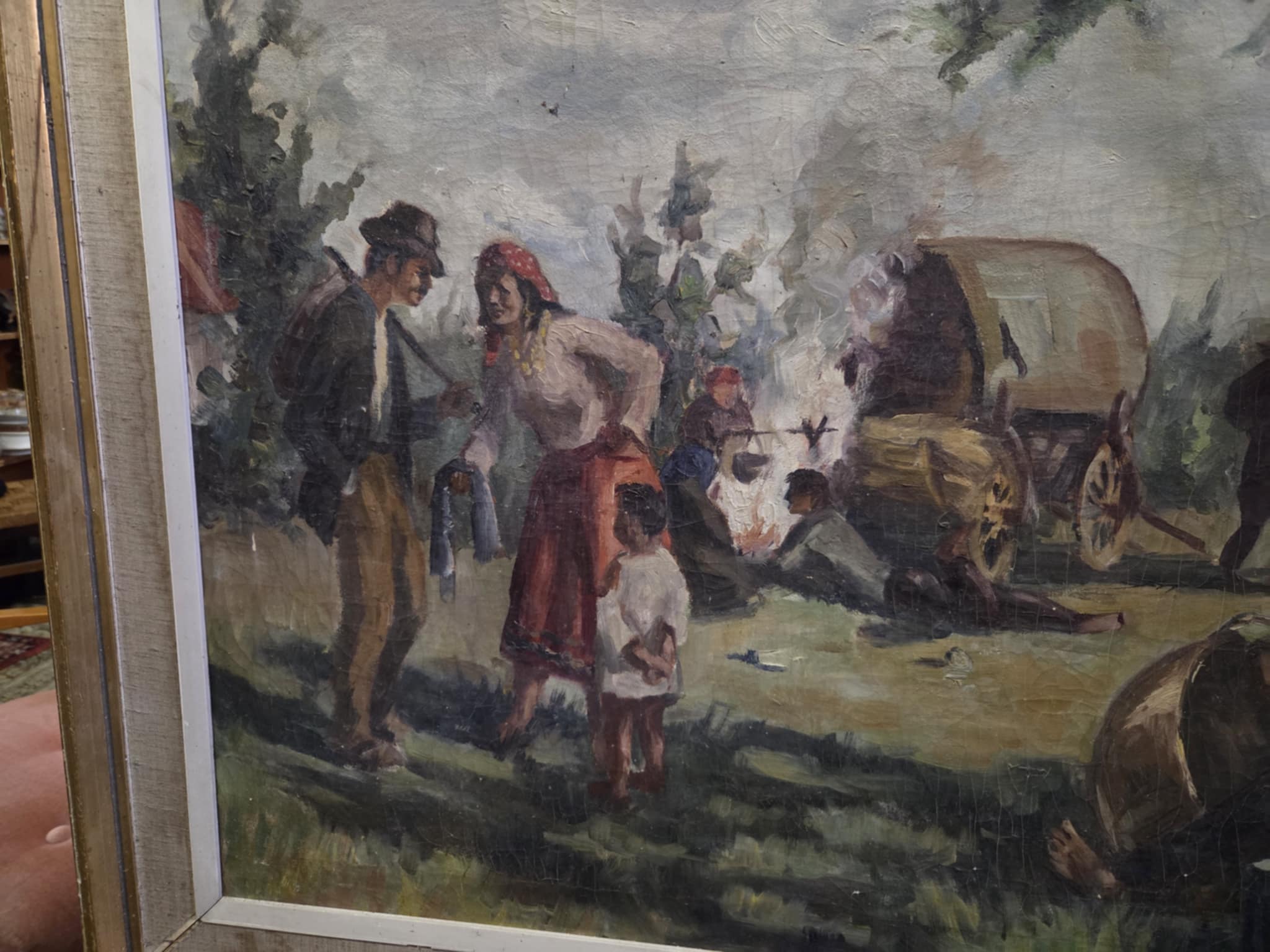 Dobová olejomaľba: Táborisko s vozom (1956) – Obrázok 2