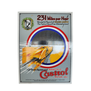Retro smaltovaná cedula: Castrol Golden Arrow – Rekord 231 MPH