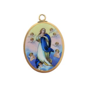 Obojstranný starožitný zlatý medailón 14k (585) – Madona s anjelmi (Immaculata)