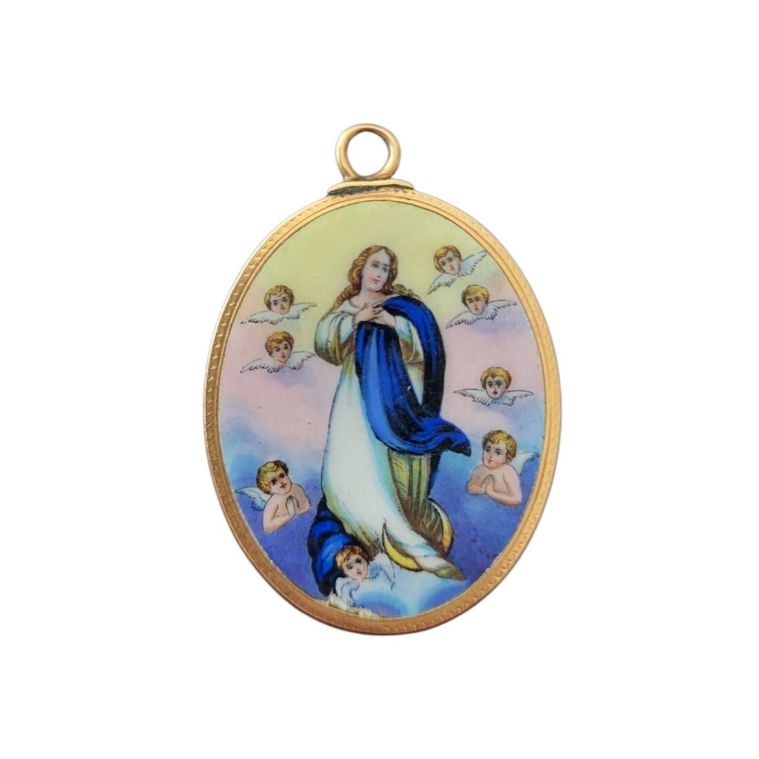 Obojstranný starožitný zlatý medailón 14k (585) – Madona s anjelmi (Immaculata)