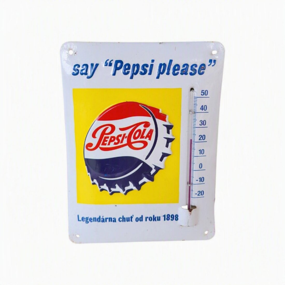 Retro plechová tabuľka s teplomerom – Pepsi-Cola (Say Pepsi Please)
