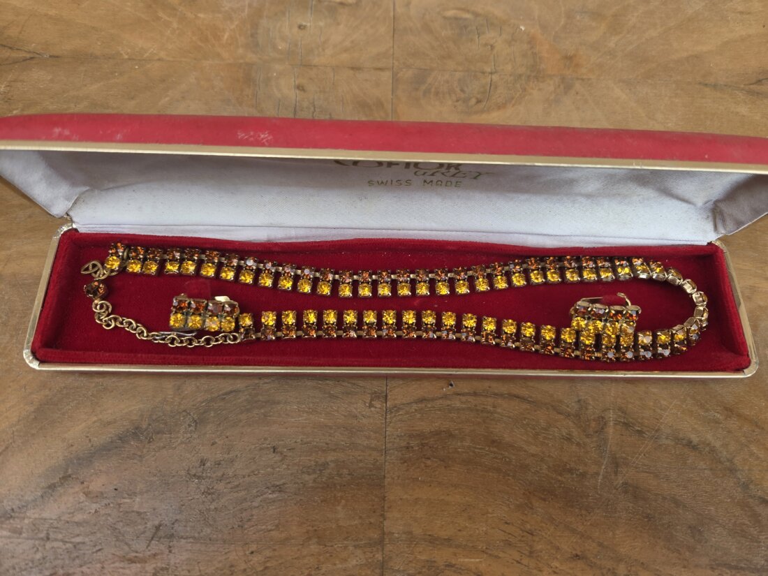 Luxusný vintage set šperkov SWISS MADE – náhrdelník + náušnice (50.-60. roky) – Obrázok 5