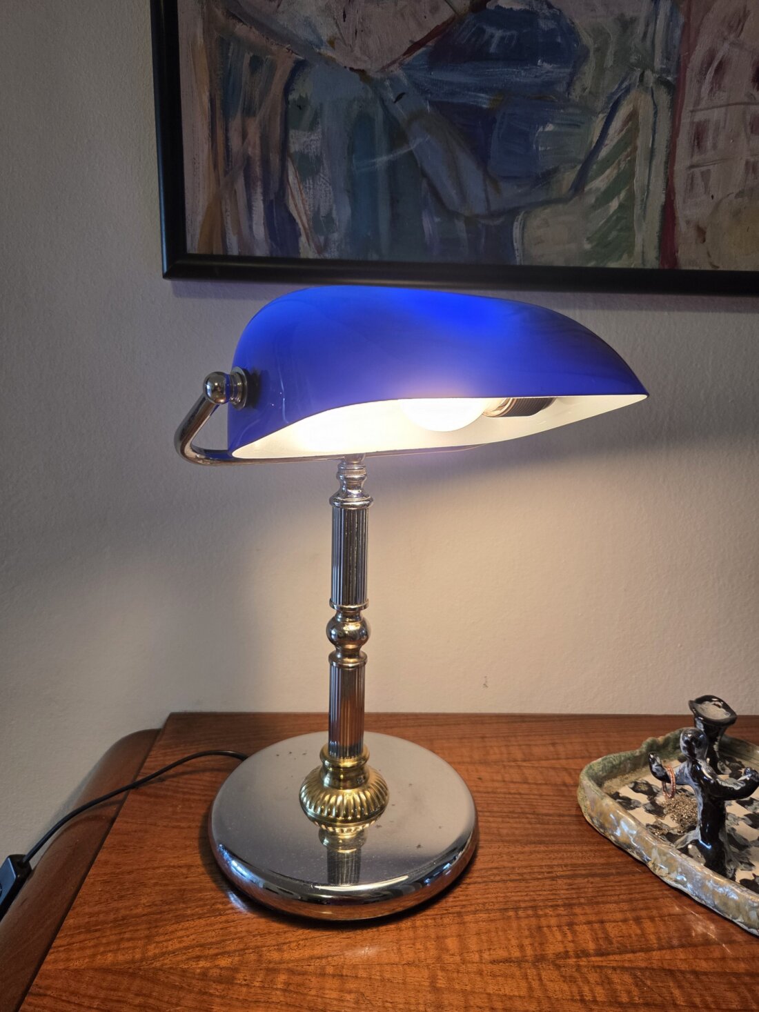 Štýlová stolná bankárska lampa – modré sklo – Obrázok 2